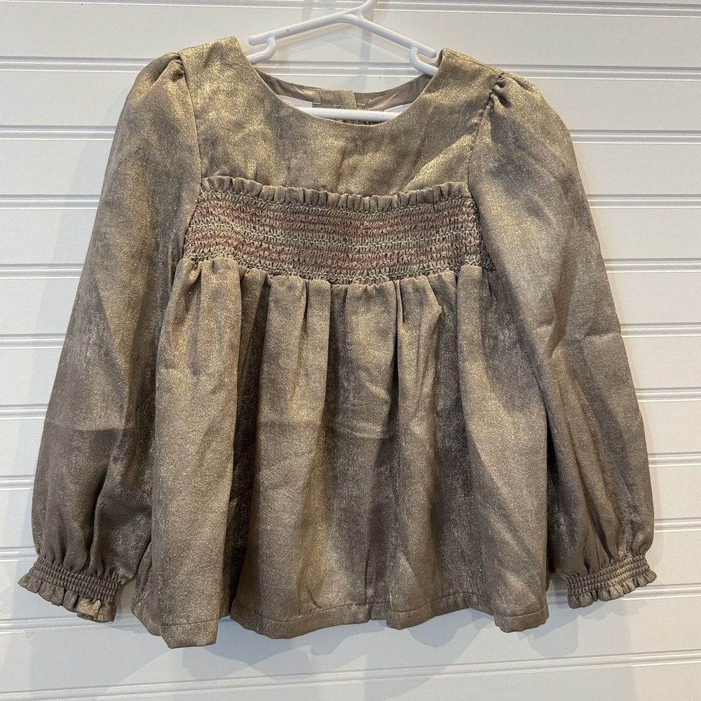 Tommy Bahama Girls 4T Gold Metallic Smocked Puff Sleeve Holiday Blouse Top